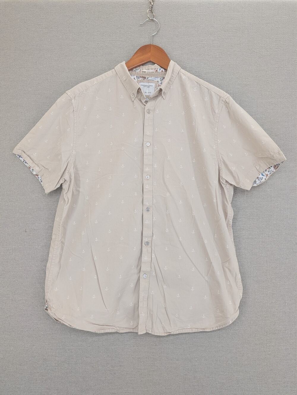 Denim & Flower Ricky Singh Shirt Short Sleeve Size Large Tan Anchors